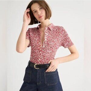 NWOT J.Crew Liberty Fabric Red White Floral Button-Up Smocked Short-Sleeve Shirt
